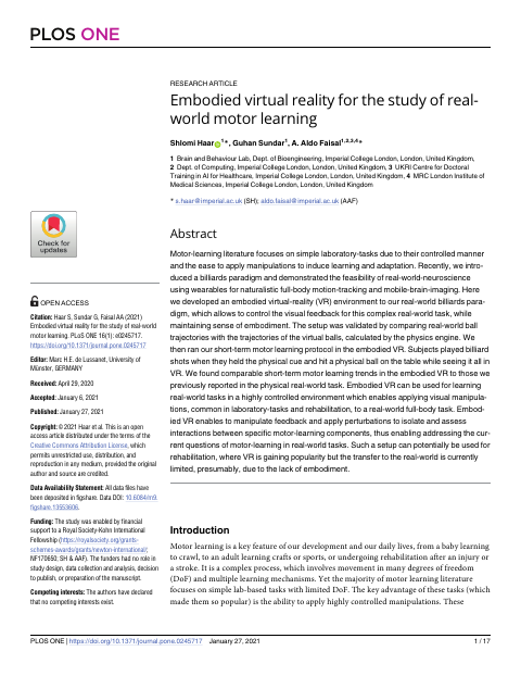 Paper, PLOS ONE 2021 — Embodied virtual reality for the study of real-world motor learning